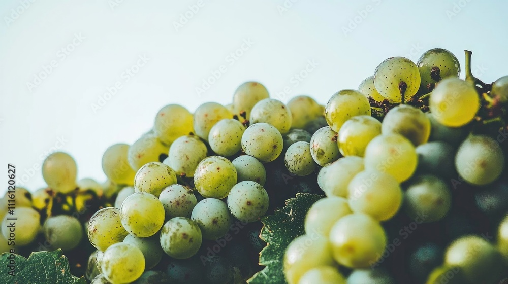 Poster fresh green grapes close-up on a branch with a simple white background showcasing their natural text