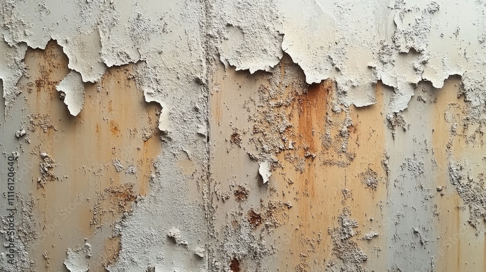 Poster aged white metal surface with corrosion and rust streaks showing peeling paint and rust spots creati