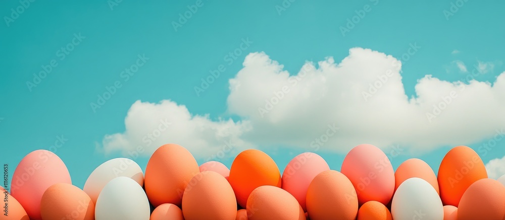 Poster vibrant pastel easter eggs arranged in a row with a clear blue sky and fluffy clouds creating a joyf