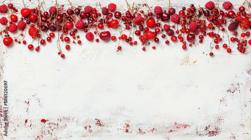 Poster red fruits and berries arrangement on white background with empty space for text featuring raspberri