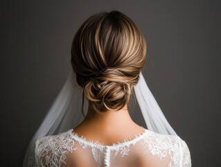 Young bride with a simple low chignon and a lace veil, isolated, hair young bride, elegant and timeless