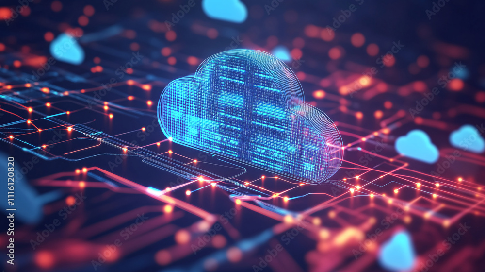 Poster a digital server icon connected to a web of glowing data points, symbolizing cloud computing, big da