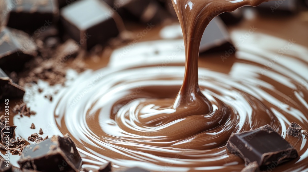 Poster melted chocolate swirls with milk creating a rich and creamy texture surrounded by dark chocolate bl