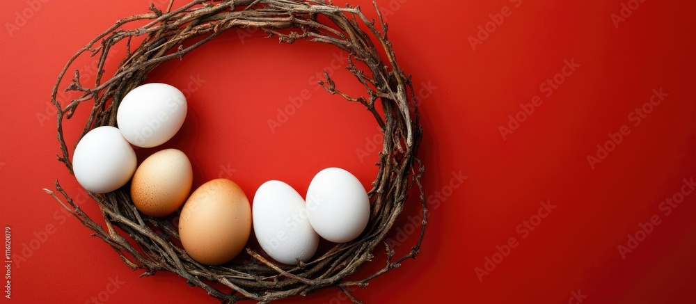 Aufkleber Still life of chicken eggs in a branch wreath on a red background with space for text showcasing natural simplicity and elegance