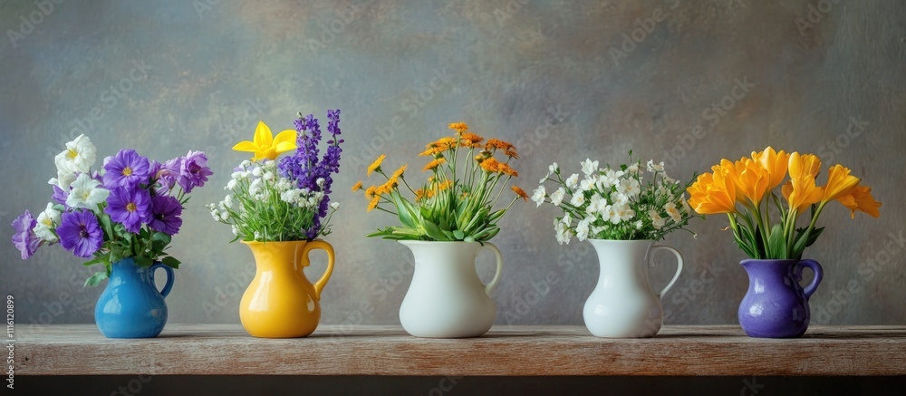 Poster Vibrant flower bouquets in colorful vases displayed on a rustic wooden shelf against a textured background