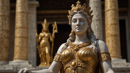 Statue of Hera, holding a scepter, with a majestic expression, standing on a golden throne, set against a grand temple backdrop, with carvings depicting her supreme rule over marriage and family.