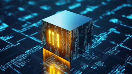 A sleek, futuristic cube glows with orange binary code against a dark digital background, symbolizing advanced technology and data processing.
