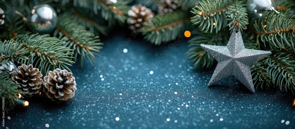 Poster christmas card design with fir tree branches silver star and pine cones on dark background space for