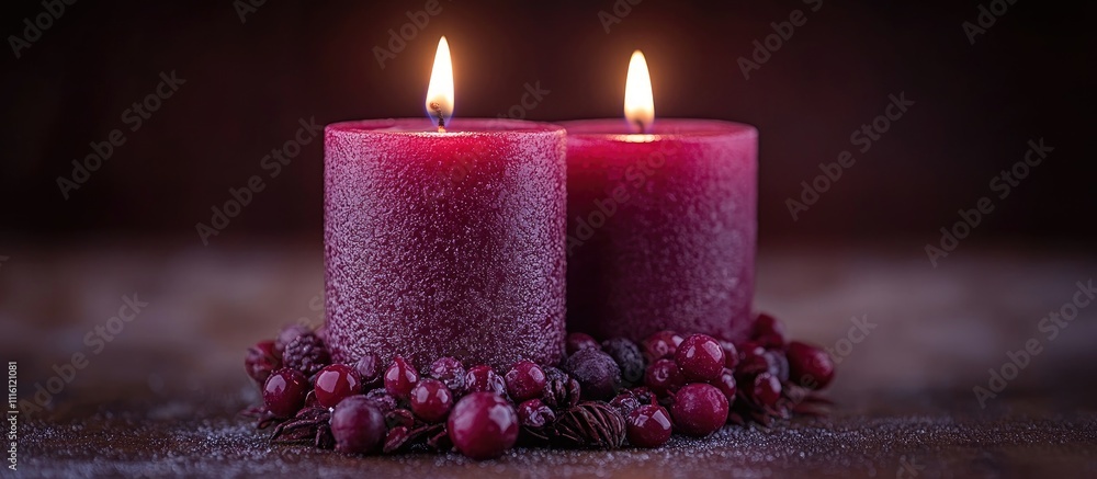 Aufkleber Advent wreath with two lit candles surrounded by berries on a rustic wooden table backdrop creating a warm festive atmosphere