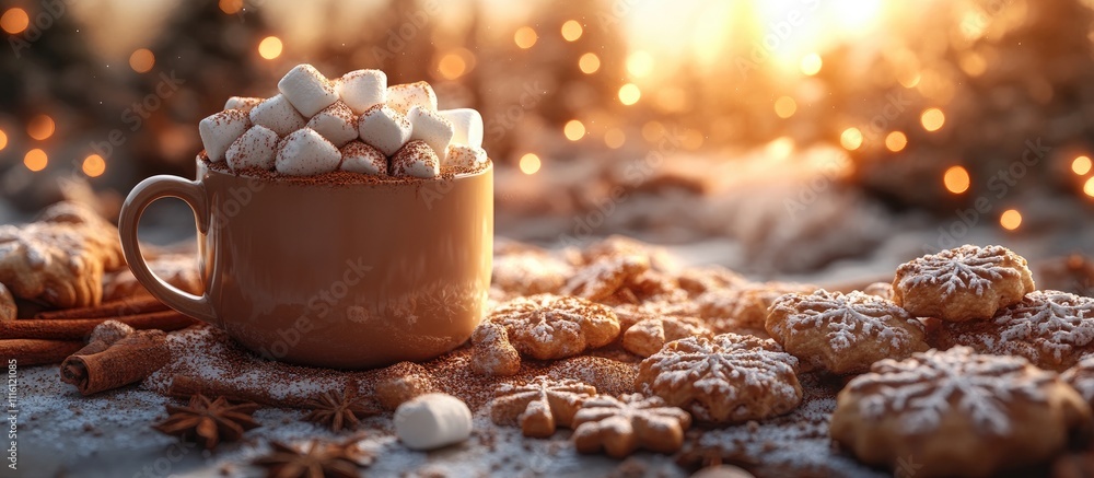 Poster cozy hot cocoa with marshmallows and gingerbread cookies surrounded by festive cinnamon sticks in a 