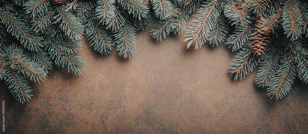 Poster fir branches and pine cones frame a rustic background creating a blank space for holiday card design