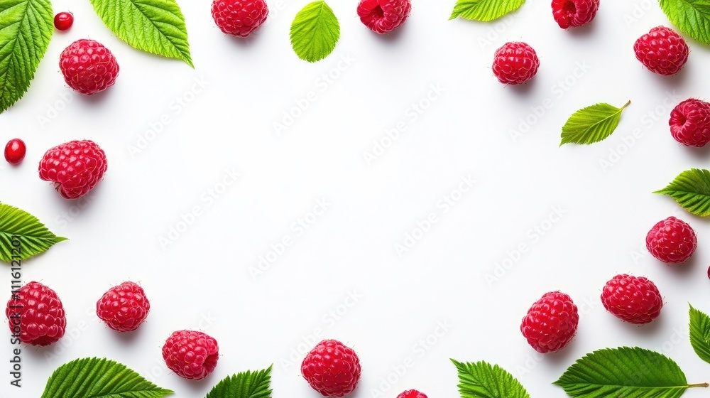 Aufkleber fresh ripe raspberries arranged with green leaves on a clean white background creating a vibrant nat