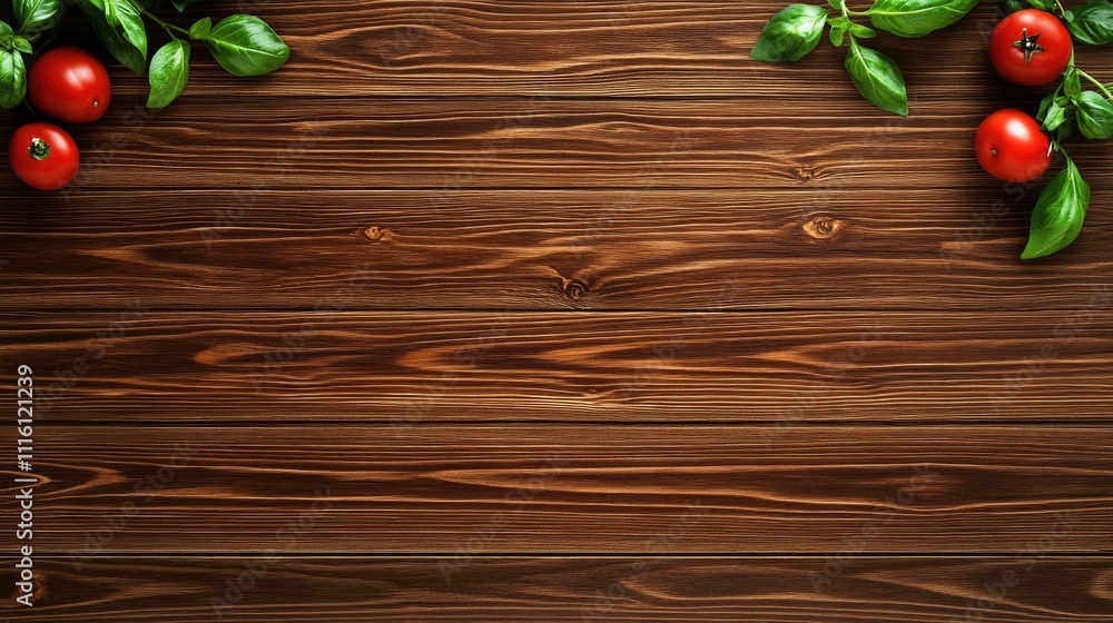 Poster fresh basil and ripe tomatoes arranged on a rustic wooden background with ample copy space for culin