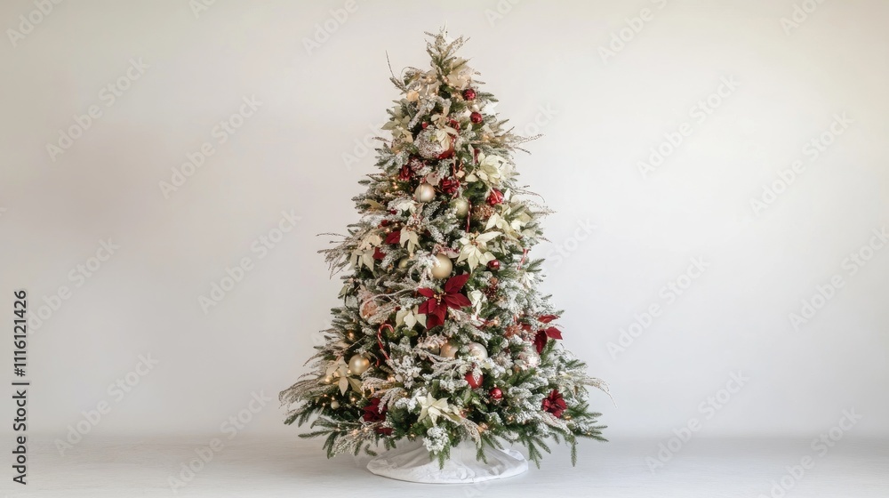 Aufkleber decorative christmas tree with festive ornaments and greenery displayed against a bright white backg