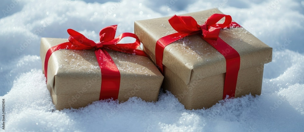 Aufkleber christmas presents wrapped in brown paper and red ribbons on fresh snow with ample space for text an