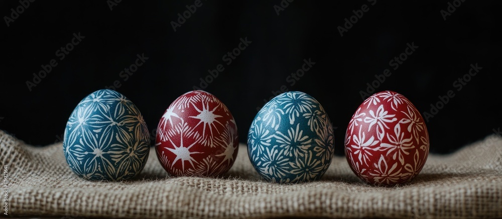 Poster decoratively designed easter eggs arranged on burlap with a dark background for a festive spring cel