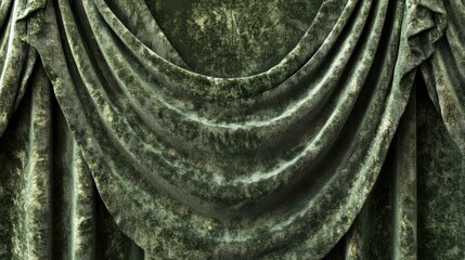 Luxurious velvet curtain with elegant wave texture in warm green hues creating a soothing abstract background for interior design concepts