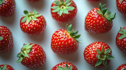 Fresh ripe strawberries arranged on a white background showcasing their vibrant color and texture, ideal for culinary or health-related themes.