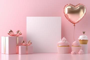 3D rendering of Valentine's Day or birthday gift boxes and cupcake with golden heart shaped balloon pastel pink color background