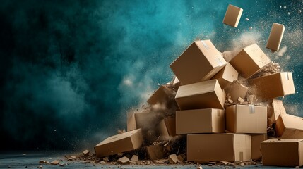 A dynamic scene featuring a pile of cardboard boxes, with some boxes falling and dust clouds, creating a sense of chaos and movement.