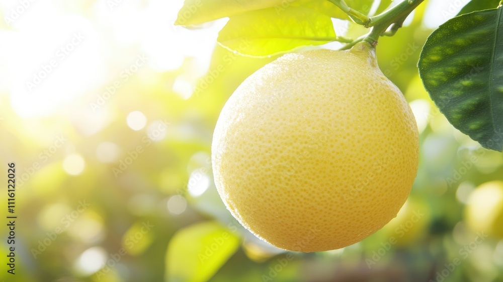 Poster bright citrus fruit hanging on tree branch in sunlight with lush green leaves creating a vibrant spr