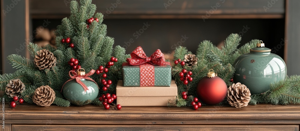 Poster christmas table display with gift boxes pine tree accents and festive red and green decorations crea