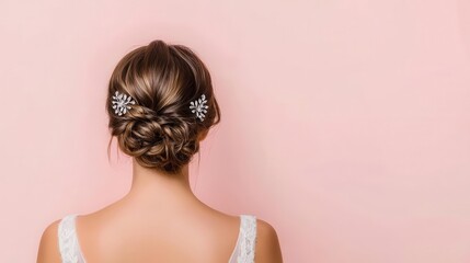 Obraz premium Young bride with a classic French twist, adorned with crystal hair accessories, isolated, hair young bride, elegant and timeless