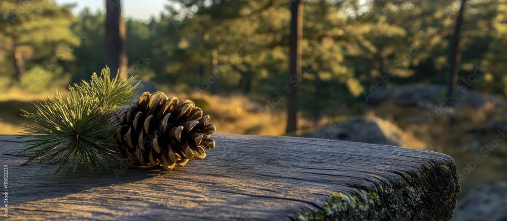 Aufkleber Christmas pine cone and fir branch on rustic wooden surface in serene forest setting with soft sunlight filtering through trees