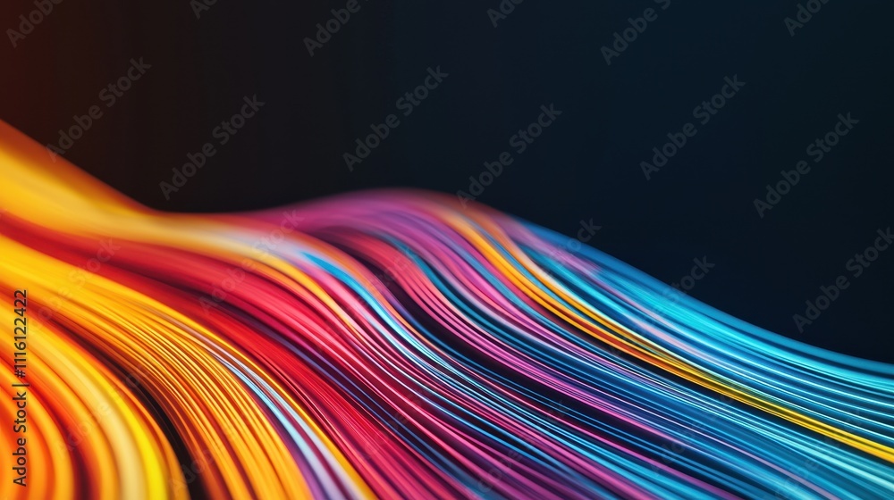 Poster a vibrant, abstract wave of colorful lines flows across a dark background, creating a dynamic and en