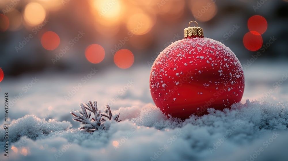 Poster festive red ornament resting on snow with soft bokeh lights creating a warm new year atmosphere in a