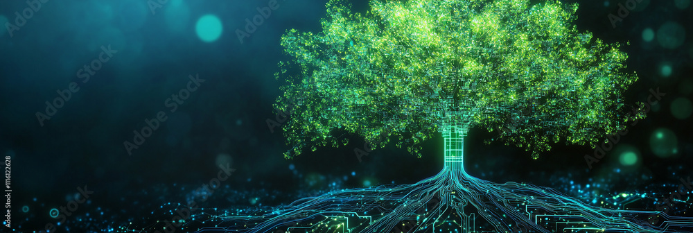 Poster a digital tree icon made of glowing circuits, with data streams representing environmental tech, onl