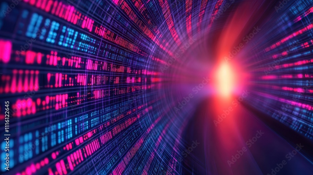 Poster a vibrant, abstract image depicting a tunnel of digital data, featuring bright colors and a central 