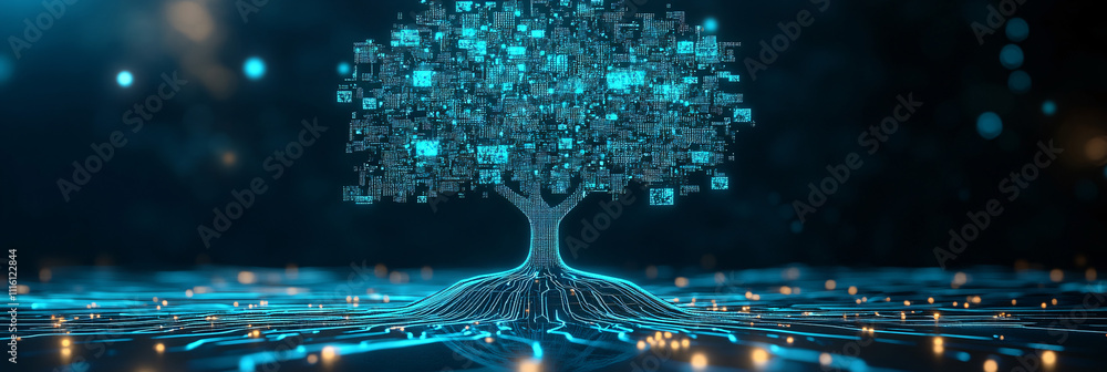 Poster a digital tree icon made of glowing circuits, with data streams representing environmental tech, onl