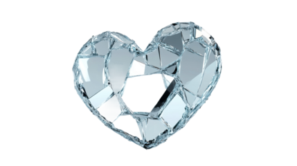 Broken heart of shattered glass reflecting sadness and loss on transparent background