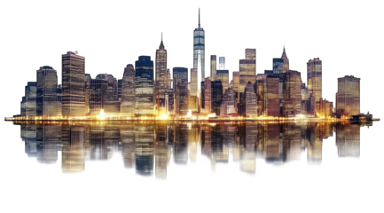 A stunning skyline reflection of a modern city with skyscrapers and bright lights. transparent background