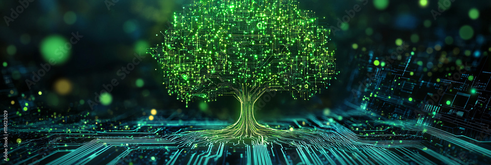Poster a digital tree icon made of glowing circuits, with data streams representing environmental tech, onl