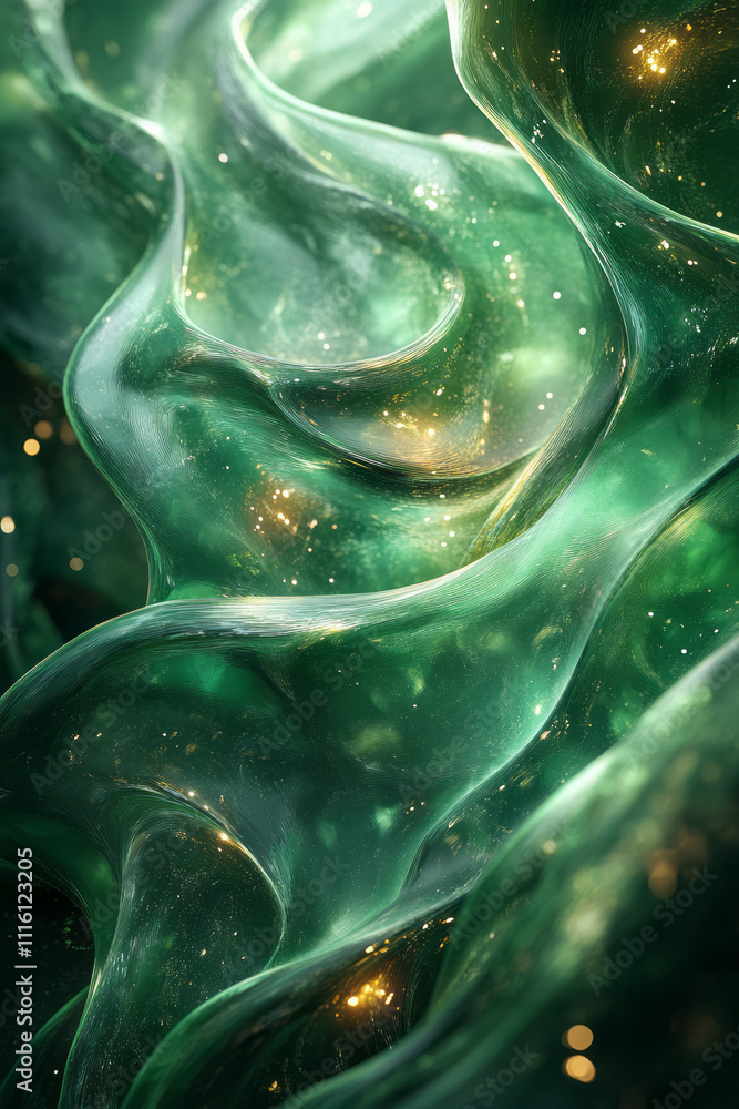 Poster a vibrant green surface with subtle, shimmering gradients of light, forming organic patterns for a m