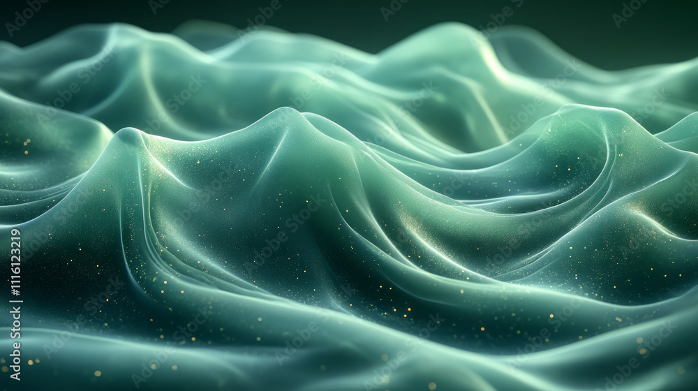 Poster an abstract green background with gentle, wave-like shimmers and flickering highlights, creating a m