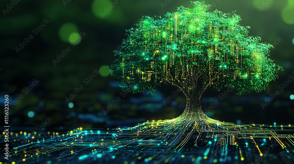 Poster a digital tree icon made of glowing circuits, with data streams representing environmental tech, onl