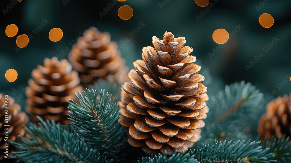 Poster pine cones resting on green pine needles with a blurred bokeh background creating a serene natural f