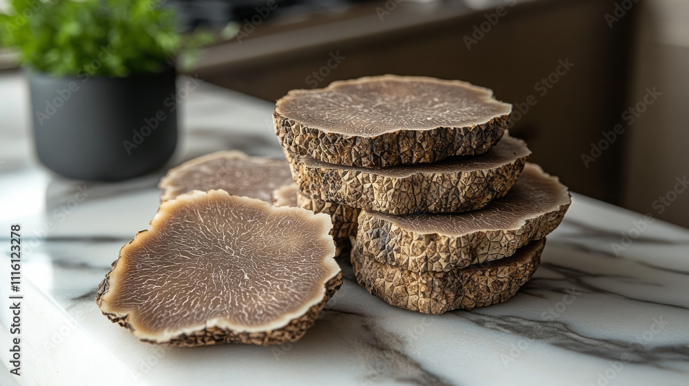 Poster a flat-lay of freshly sliced truffle, its intricate texture highlighted on a smooth marble surface w