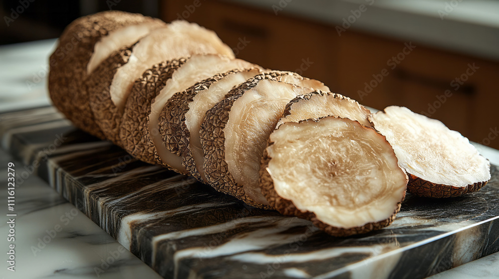 Poster a flat-lay of freshly sliced truffle, its intricate texture highlighted on a smooth marble surface w