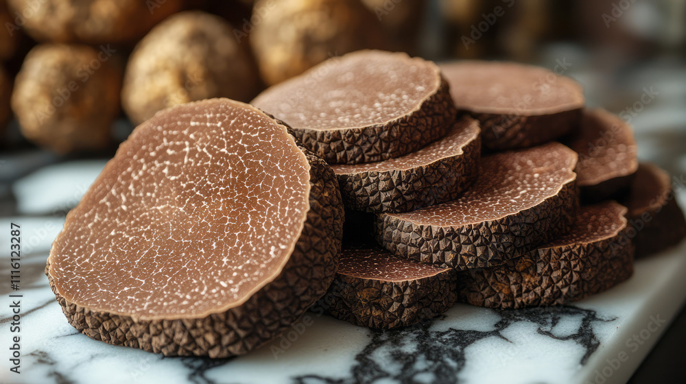Poster a flat-lay of freshly sliced truffle, its intricate texture highlighted on a smooth marble surface w