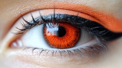 Close-up macro view of a human eye with vibrant orange iris and striking makeup details showcasing artistic expression and color contrast.