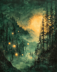 Fototapeta premium A rich forest green canvas with scattered, glowing orbs of light and soft, iridescent streaks that enhance the depth and elegance,