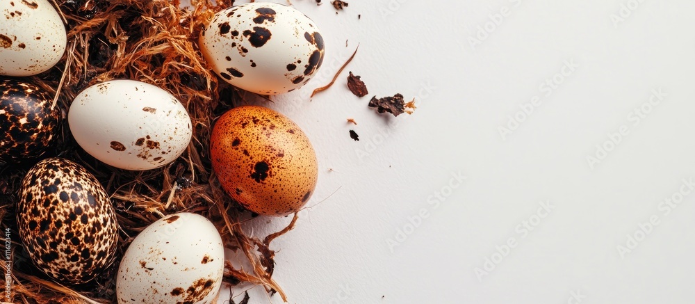 Poster quail eggs nestled in natural bedding against a white background showcasing their unique speckled pa
