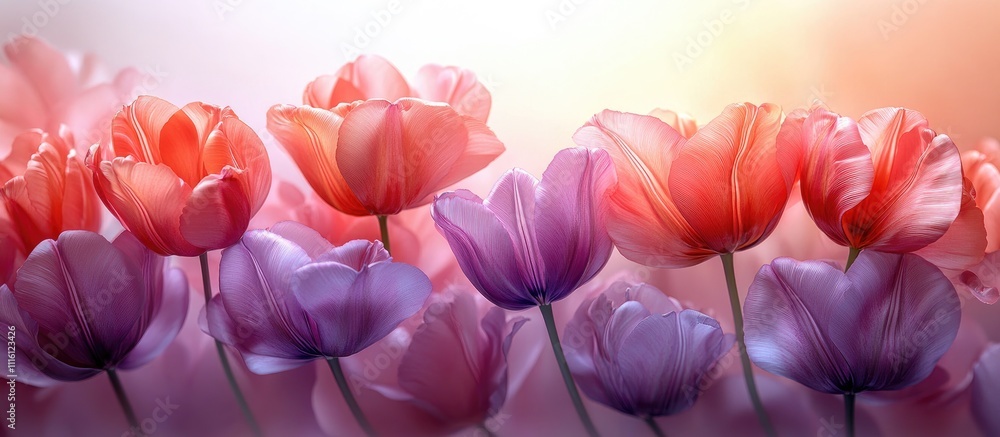 Poster elegant purple and pink tulips arranged against a soft white background creating a serene floral dis