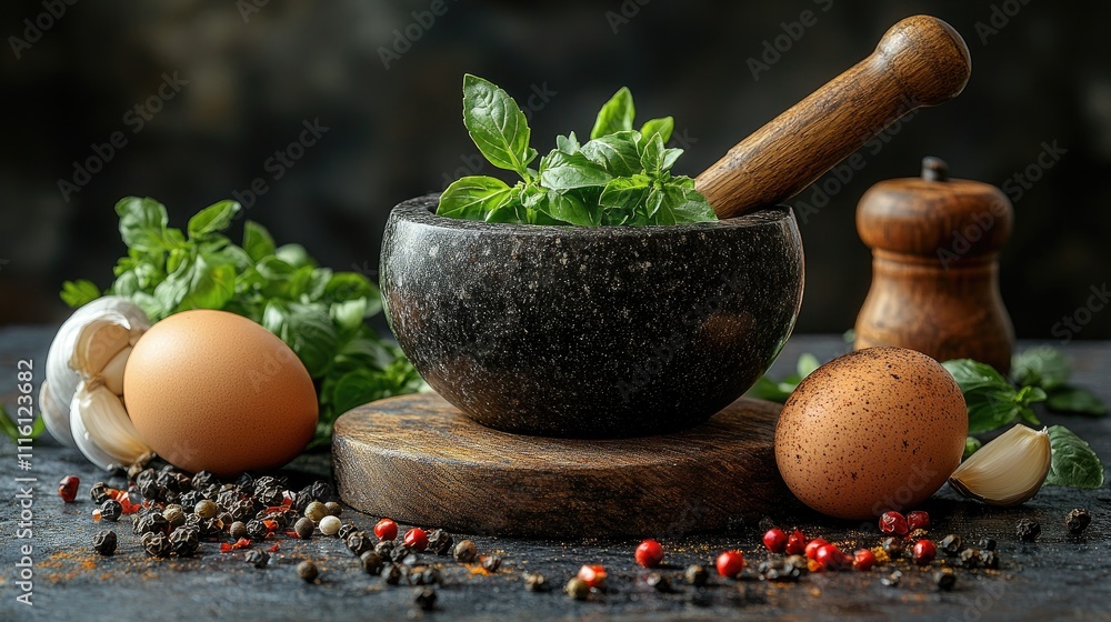 Poster mortar with fresh herbs eggs garlic and spices arranged on a dark table with empty space for text pe