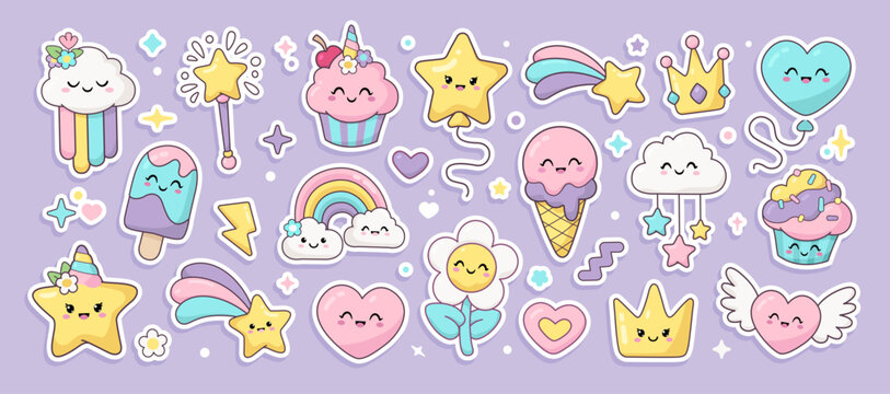 Kawaii stickers pack of rainbow, unicorn cupcake, cute ice cream, princess crown, cute baby desserts characters, magic wand. Hand drawn kawaii pattern for kids design, print fabric, childrens clothes
