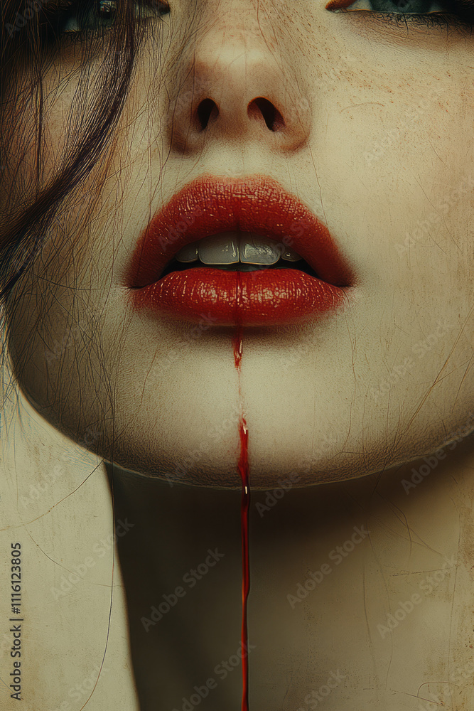 Poster a minimalist portrait featuring softly parted lips with a single drop of blood trailing down, the re